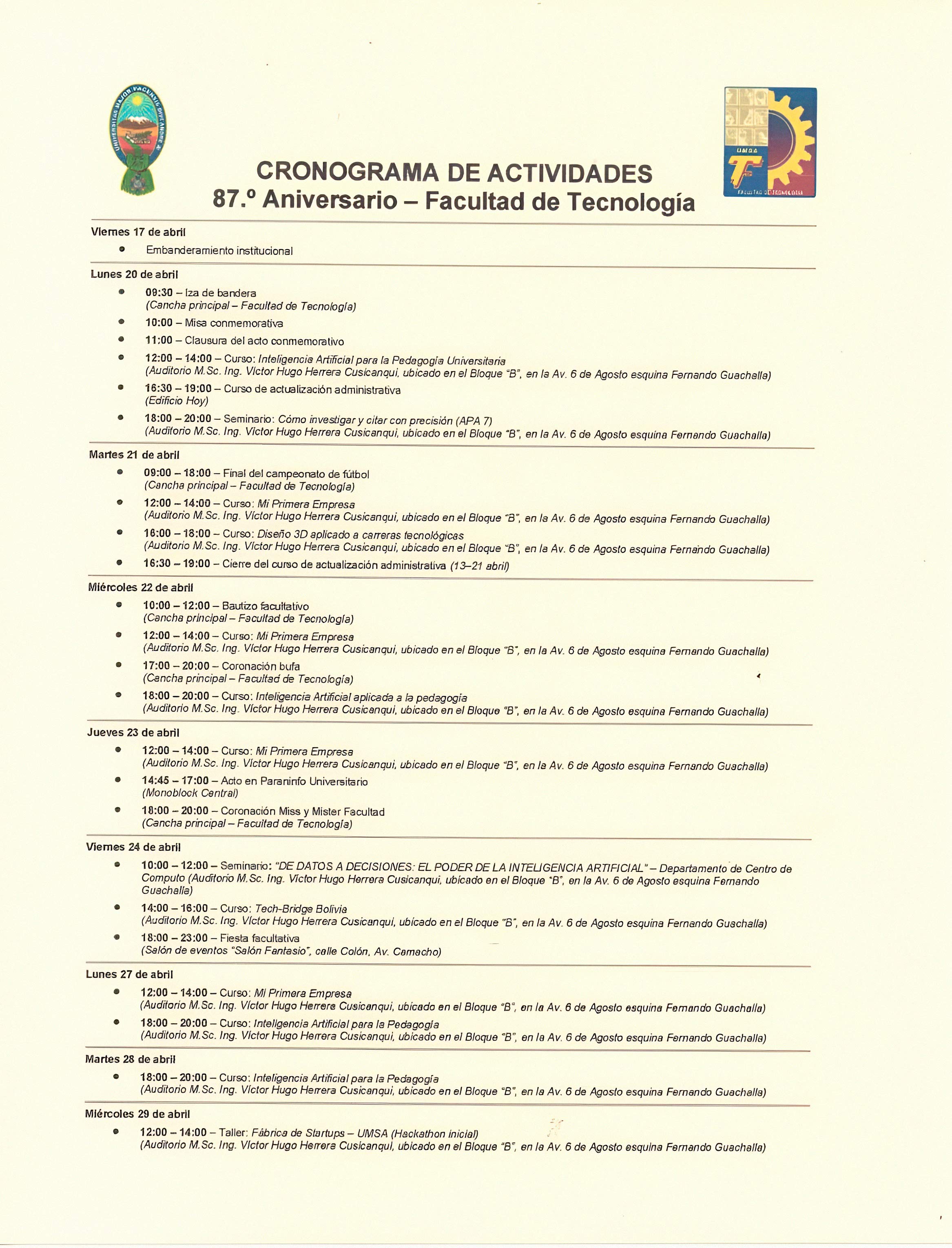 CRONOGRAMA DE ACTIVIDADES, 87º ANIVERSARIO