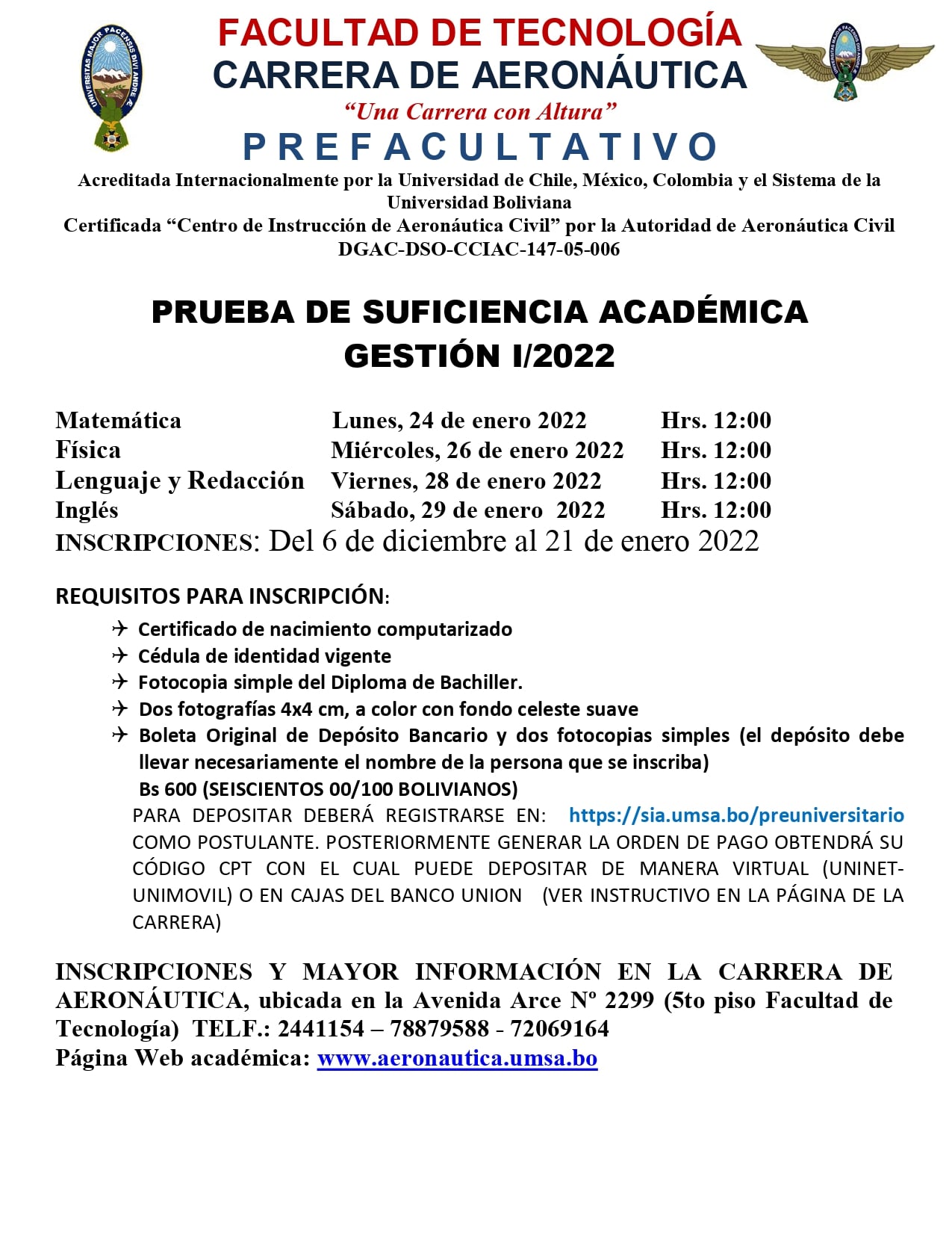 Prefacultativos - FT-UMSA - Universidad Mayor de San Andrés